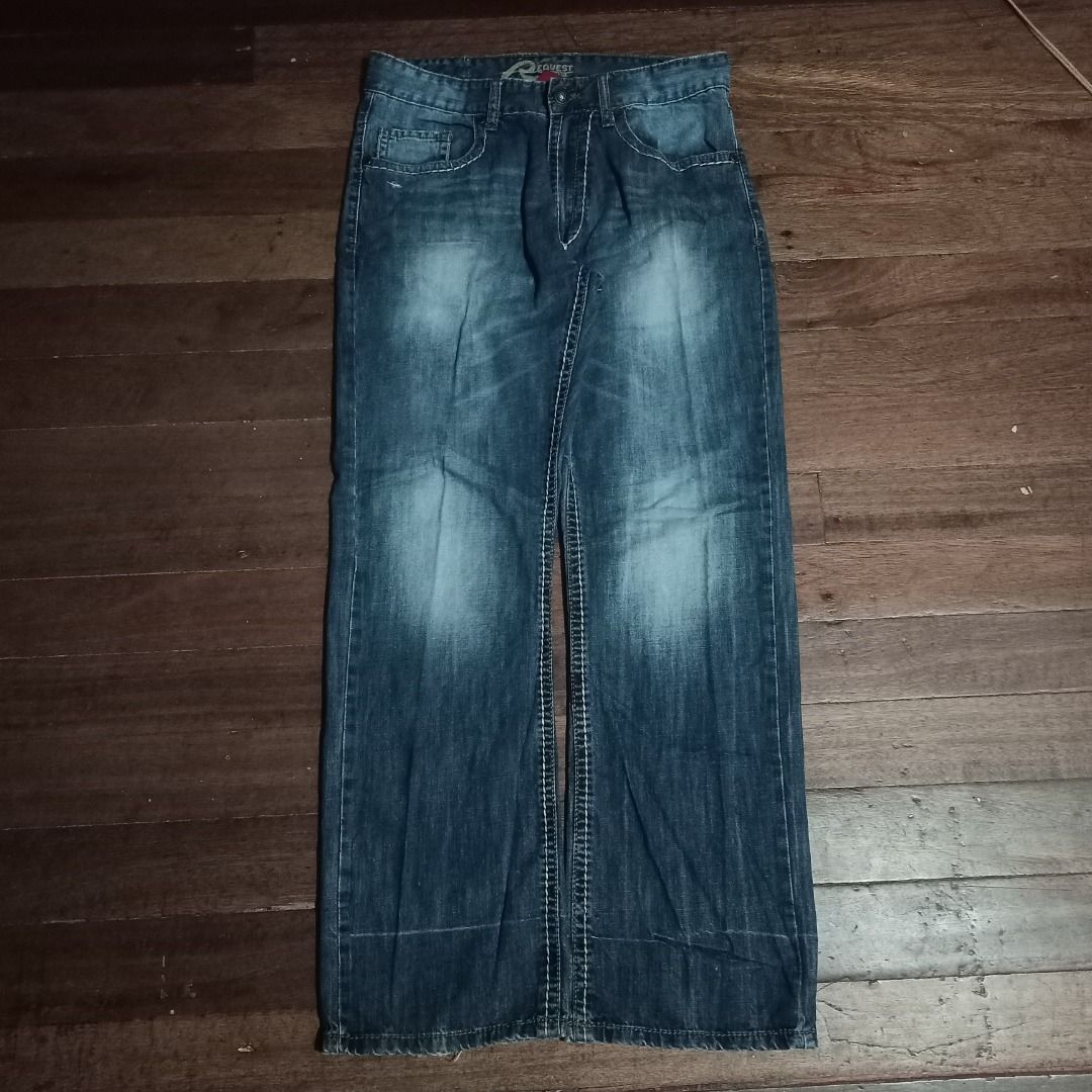 Request Jeans Denim Pants Size 32x32 Y2K Flap Pockets (Category: Jeans) located in Cavite. Submitted by kurtgg.what (Listing ID 1466689447, Image 1). Description: Great condition, zipper working. Courier: J&T / Lalamove - Size: 32x32 (tag inside waistband) - Color/Wash: Dark wash blue with slight whiskering on thighs - Fit: Straight leg - Details: Heavy contrast stitching throughout - Closure: Metal button fly - Pockets: Flap back pockets with bu