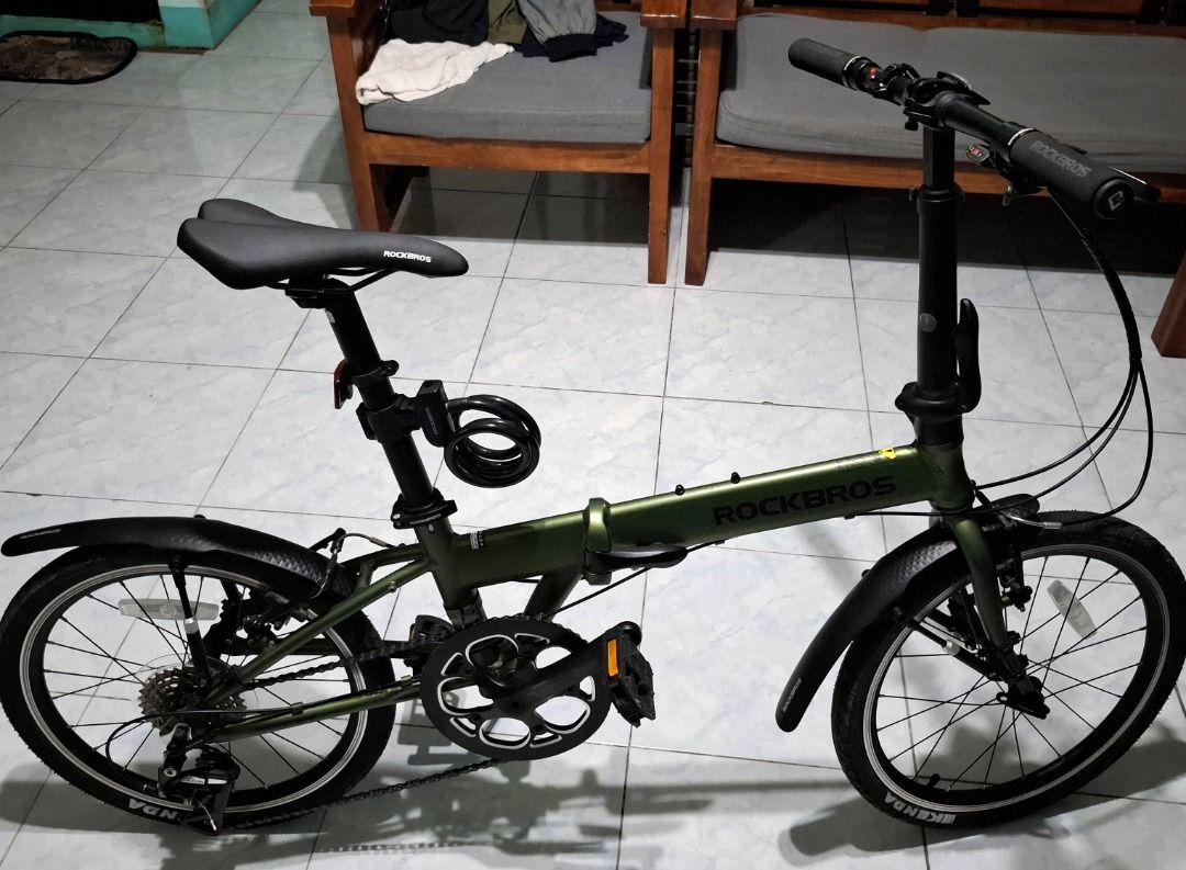 Rockbros Olive Green Folding Folding Bicycle (Category: Bicycles) located in Taguig. Submitted by wildforest.2e186a (Listing ID 1466610660, Image 2). Description: Selling my ROCKBROS 20" -Bihira lang nagamit looks NEW -Aluminium alloy frame -High carbon steel front fork -Bike weight:11.32KG -Shimano 8-speed -Kenda tires 20 inches -Prowheel crankset -Load Capacity:100KG -Suggested Height:140-185CM -Front and rear V-brake -Lock Anti-Theft Steel -Bi