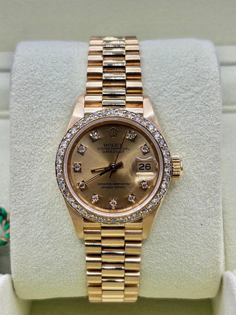 Rolex Datejust Champagne diamond dial 1985 (Category: Women's Watches) located in Manila. Submitted by ams.777 (Listing ID 1466607762, Image 1). Description: Rolex Datejust Champagne diamond dial AM diamond bezel 18k full Yellow gold bracelet 26mm 69178 1985 year model 9/10 condition Comes with box, manuals and tags Open for authentication .