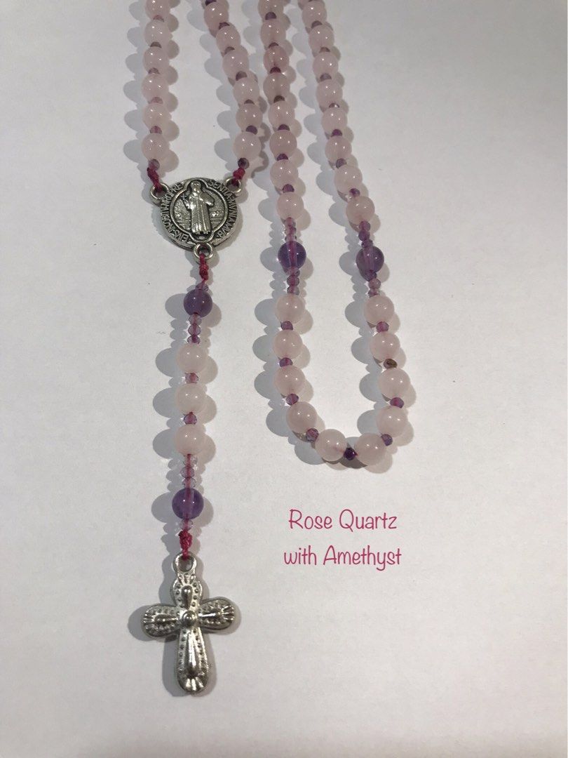 4mm Rose Quartz with Amethyst Rosary Beads (Category: Necklaces) located in Rizal. Submitted by willowbasketph (Listing ID 1466624723, Image 1). Description: 4mm Rose quartz beads paired with purple amethyst stones. Silver-tone crucifix and centerpiece medallion Handcrafted devotional piece..