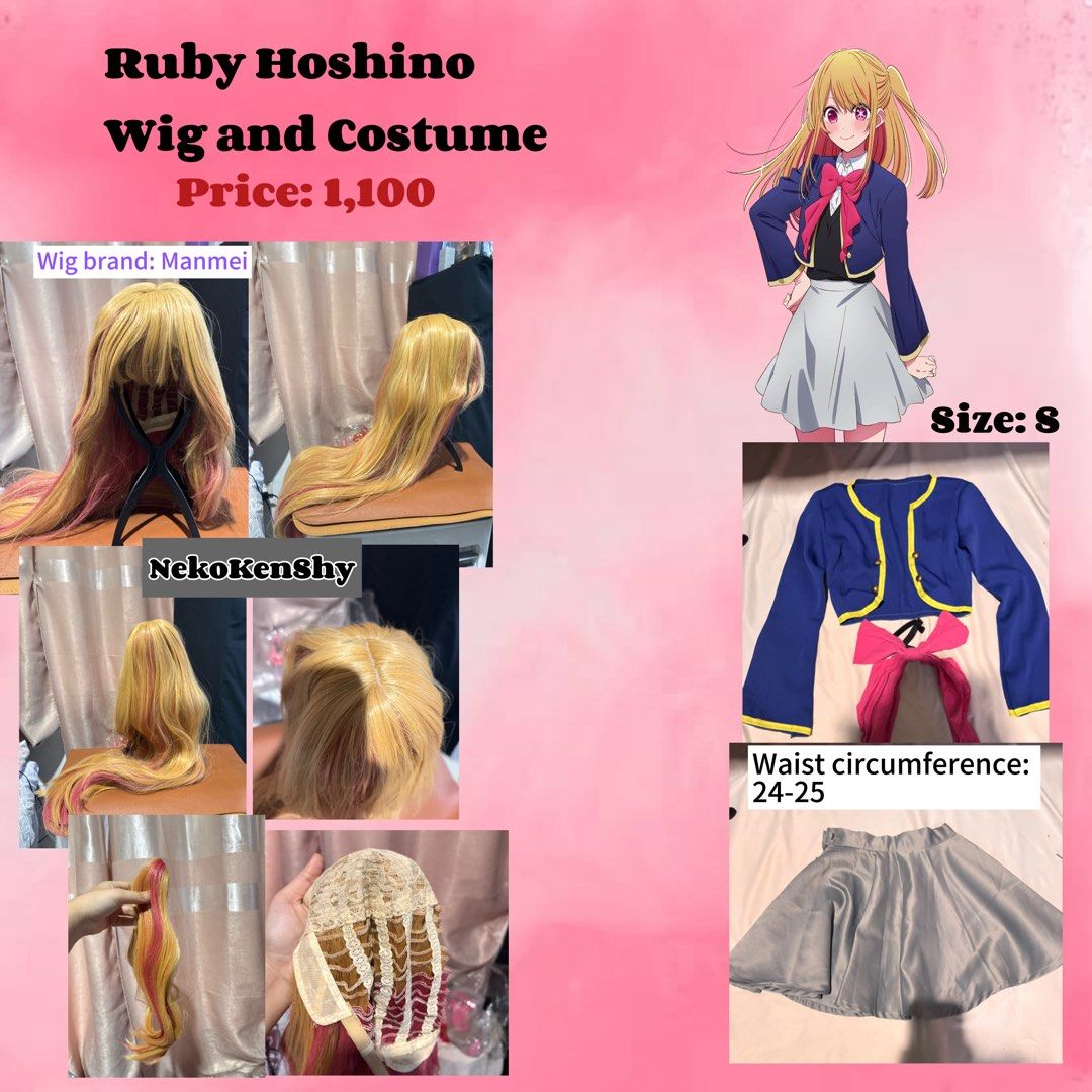 Ruby Hoshino Wig and Costume Size S (Category: Sets or Coordinates) located in Manila. Submitted by nekokenshy_05 (Listing ID 1466568275, Image 1). Description: - Character: Ruby Hoshino from Oshi no Ko - Size: Small (Waist 24-25 inches) - Includes: Blue jacket, grey skirt, neck ribbon - Wig: High-quality Manmei brand with accurate pink and blonde strands - Condition: Great for conventions, events, and photoshoots.