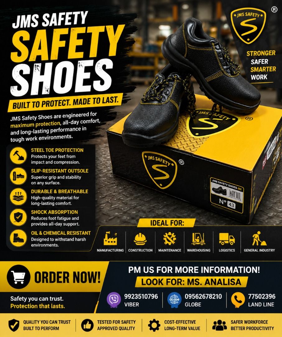 SAFETY SHOES JMS (Category: Looking For) located in Paranaque City. Submitted by buynowbilikanow (Listing ID 1466644624, Image 1). Description: ✅ Guaranteed lowest price ✅ Quality products ✅ Big discount for bulk orders ✅ 100% LEGIT TRUSTED SUPPLIER! ✅ With Complete Legal Documents ✅ BIR Registered We Supply All Kinds Of PPE Supplies, Raincoat, Hard Hat, Cooler Box, Plastic Trash Bin, Road Barriers, Kayak Boats, Crystal Kayak, Traffic Cone, T-Bol