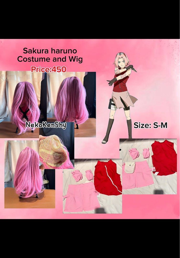 Sakura Haruno Costume and Wig (Category: Sets or Coordinates) located in Manila. Submitted by nekokenshy_05 (Listing ID 1466568068, Image 1). Description: - Complete Sakura Haruno costume (Naruto) - Size: S-M - Includes: Red sleeveless top, pink skirt with side pouch, arm warmers, and styled pink wig - Condition: Ready to wear straight out of the package - Ideal for anime conventions, events, and costume parties.