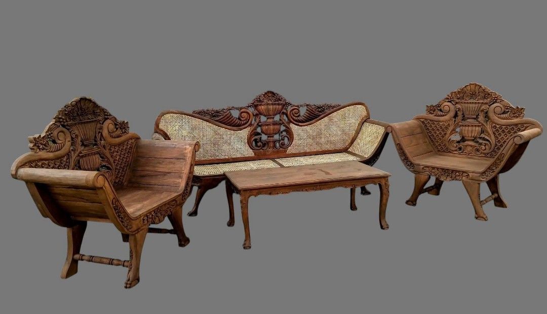 Sala Set Cleopatra (Category: Sofas) located in Meycauayan. Submitted by marygracecasimiro (Listing ID 1466566773, Image 3). Description: Cleopatra Sala Set made of Narra Wood. Long Bench with newly installed solihiya. Restored and revarnished. Ready to use. Get it for only P45,000 Set Components: A 3-seater sofa, matching single-seater armchairs, and a large size table. Size 3 Seater L95 x W22 x SH16.5 x H44 Single Seater L47 x W22 x SH16.5 x H4