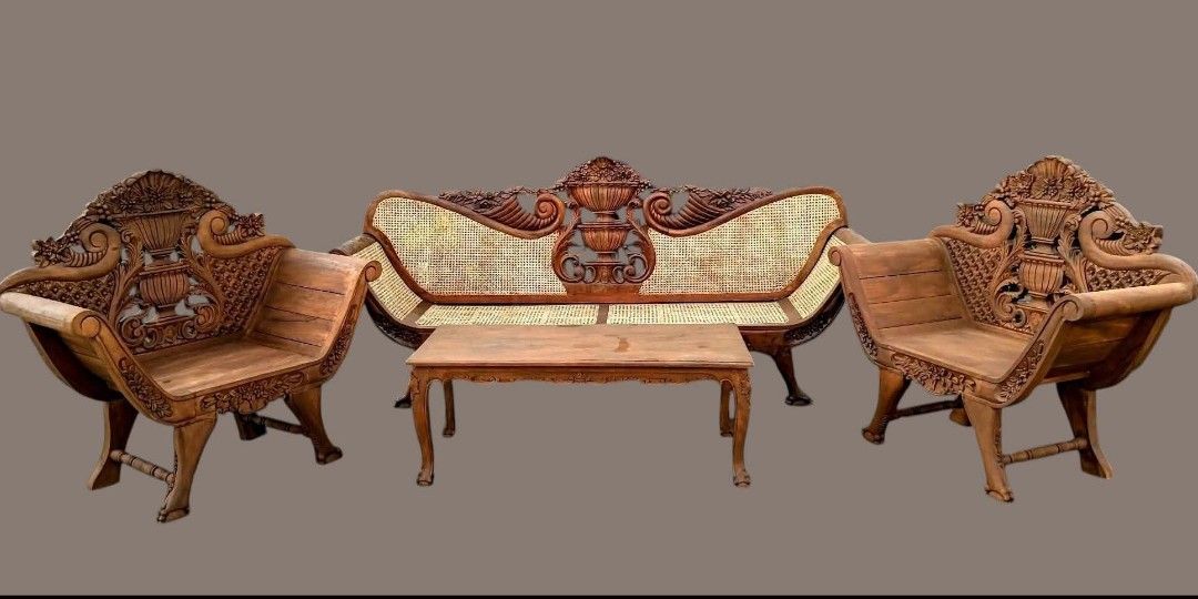 Sala Set Cleopatra (Category: Sofas) located in Meycauayan. Submitted by marygracecasimiro (Listing ID 1466566773, Image 2). Description: Cleopatra Sala Set made of Narra Wood. Long Bench with newly installed solihiya. Restored and revarnished. Ready to use. Get it for only P45,000 Set Components: A 3-seater sofa, matching single-seater armchairs, and a large size table. Size 3 Seater L95 x W22 x SH16.5 x H44 Single Seater L47 x W22 x SH16.5 x H4