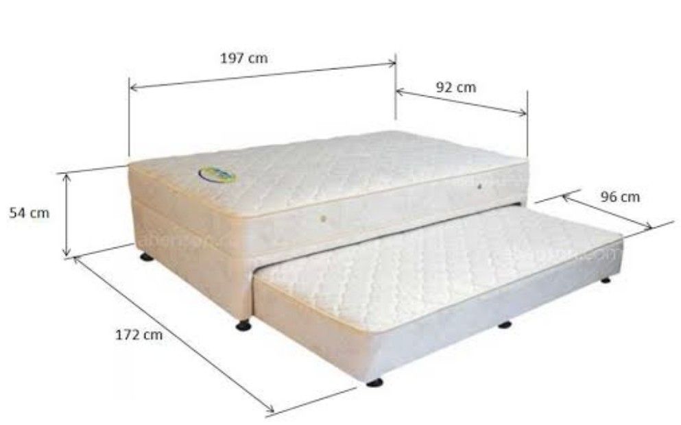 Salem single bed 36 x 78 inches (Category: Bed Frames & Mattresses) located in San Juan City. Submitted by shannen.martinez (Listing ID 1466721497, Image 2). Description: bed with mattress and pull out bed with headboard.