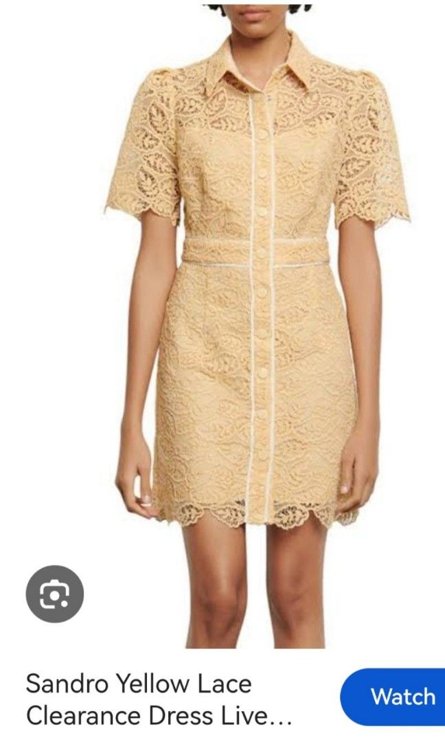 Sandro yellow hard lace dress (Category: Dresses) located in Batangas. Submitted by micaelaul (Listing ID 1466574377, Image 1). Description: 30-32 bust 24-26 waist non-stretch Thick and heavy fabric.