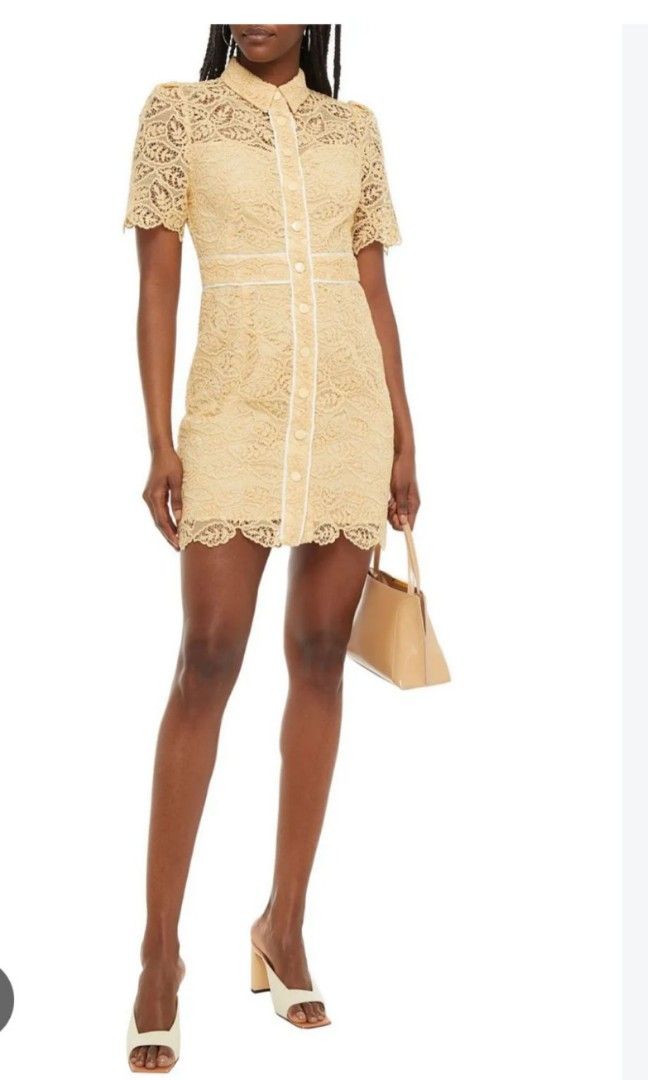 Sandro yellow hard lace dress (Category: Dresses) located in Batangas. Submitted by micaelaul (Listing ID 1466574377, Image 2). Description: 30-32 bust 24-26 waist non-stretch Thick and heavy fabric.