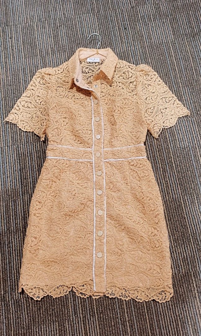 Sandro yellow hard lace dress (Category: Dresses) located in Batangas. Submitted by micaelaul (Listing ID 1466574377, Image 3). Description: 30-32 bust 24-26 waist non-stretch Thick and heavy fabric.