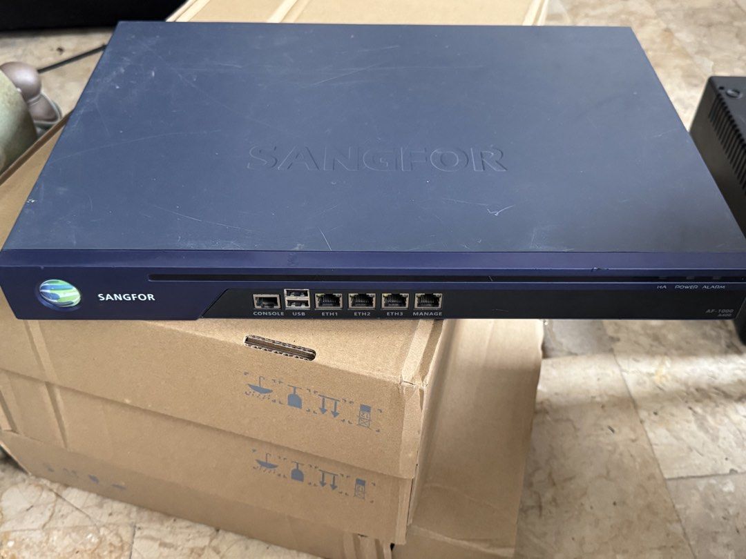 Sangfor AF-1000 V8.0 Firewall (Category: Networking) located in Manila. Submitted by snowjemfri62047 (Listing ID 1466604235, Image 2). Description: - Model: Sangfor AF-1000 V8.0 Network Firewall - Front Ports: Console, USB, ETH1 to ETH3 ethernet ports, and manage port - Rear Features: Power switch, AC power socket, and cooling fan vents - Power Supply: 110-240V AC .