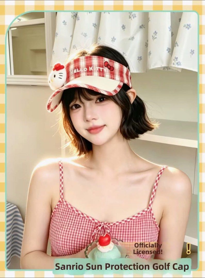 Sanrio Hello Kitty Red Gingham Sun Protection Golf Cap (Category: Hats & Beanies) located in Manila. Submitted by janetecson05 (Listing ID 1466773362, Image 1). Description: - Official Sanrio licensed Kitty visor cap - Trendy red and white gingham pattern with cute Kitty plush face on the side - Open-top design with a wide brim for maximum sun protection - Printed text detail along the front band - Adjustable fit at the back for comfort - Clean a