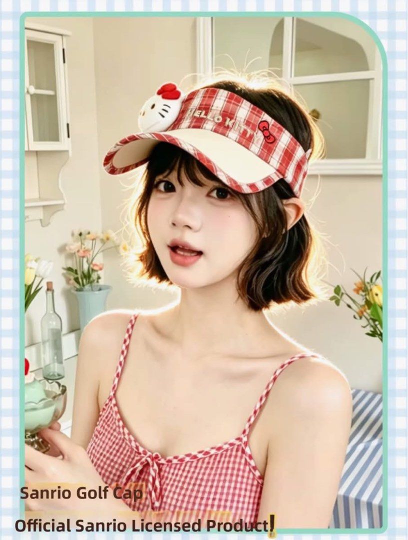 Sanrio Hello Kitty Red Gingham Sun Protection Golf Cap (Category: Hats & Beanies) located in Manila. Submitted by janetecson05 (Listing ID 1466773362, Image 2). Description: - Official Sanrio licensed Kitty visor cap - Trendy red and white gingham pattern with cute Kitty plush face on the side - Open-top design with a wide brim for maximum sun protection - Printed text detail along the front band - Adjustable fit at the back for comfort - Clean a