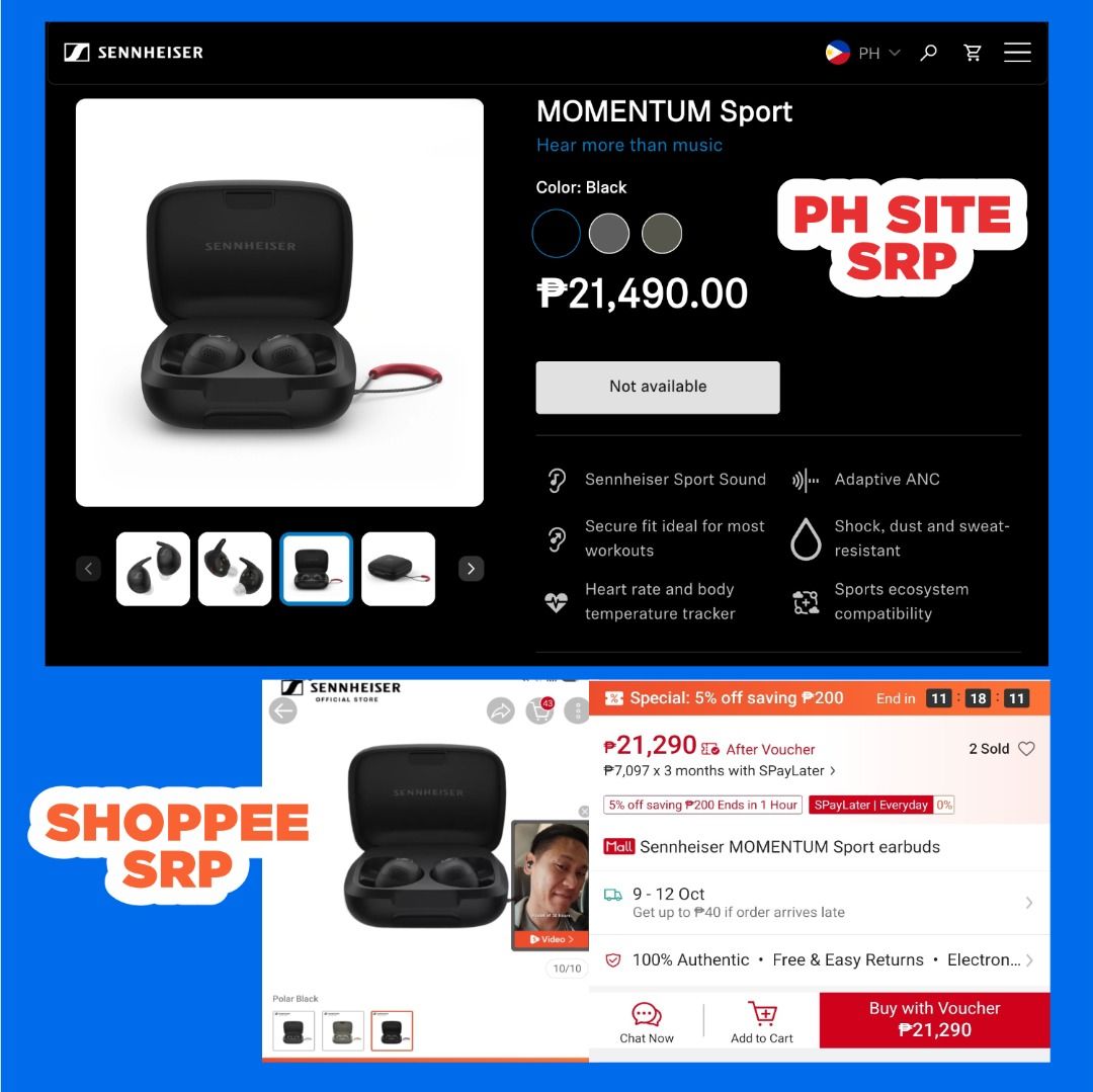 Sennheiser Momentum Sport Earbuds (Category: Headphones & Headsets) located in Pasig City. Submitted by bulak_boy (Listing ID 1466680296, Image 3). Description: - Condition: Brand new, unopened box - Premium Sound: Powered by Sennheiser with Qualcomm aptX support - Fitness Tracking: Built-in heart-rate monitoring - Active Noise Cancellation: Block out distractions during workouts or commutes - Durability: Sweat, water, and dust-proof build - Conv