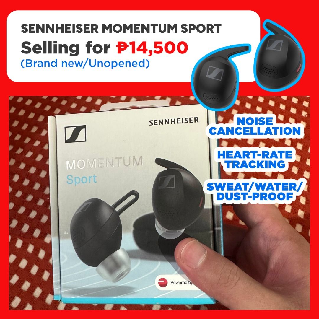 Sennheiser Momentum Sport Earbuds (Category: Headphones & Headsets) located in Pasig City. Submitted by bulak_boy (Listing ID 1466680296, Image 1). Description: - Condition: Brand new, unopened box - Premium Sound: Powered by Sennheiser with Qualcomm aptX support - Fitness Tracking: Built-in heart-rate monitoring - Active Noise Cancellation: Block out distractions during workouts or commutes - Durability: Sweat, water, and dust-proof build - Conv