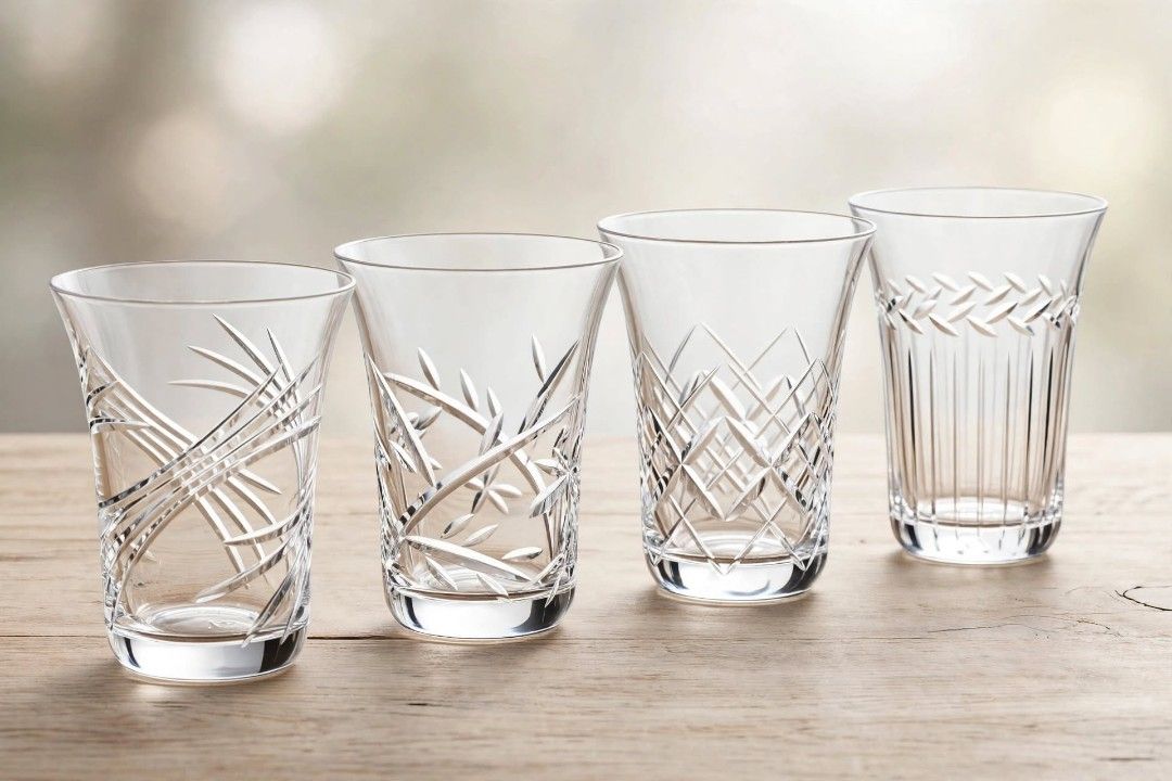 Set of four crystal cut drinking glasses with assorted patterns (Category: Dinnerware & Cutlery) located in Caloocan City. Submitted by chonadura91470 (Listing ID 1466769581, Image 1). Description: - Set of 4 crystal drinking glasses - Features 4 distinct cut patterns: bamboo, leaves, diamond crosshatch, and vertical lines - Heavy base construction for a premium feel - Excellent clear and bright condition (no chips or cracks) - Versatile use for 