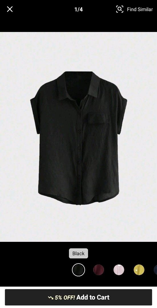 SHEIN Black Short Sleeve Button-Up Shirt (Category: Shirts) located in Cabuyao City. Submitted by gaile29 (Listing ID 1466623590, Image 2). Description: Black short sleeve button-up shirt from SHEIN. Features a collar, chest pocket, and white buttons down the front. Material tag shows 65% cotton and 35% polyester. Made in China. Easy to style with denim or trousers..