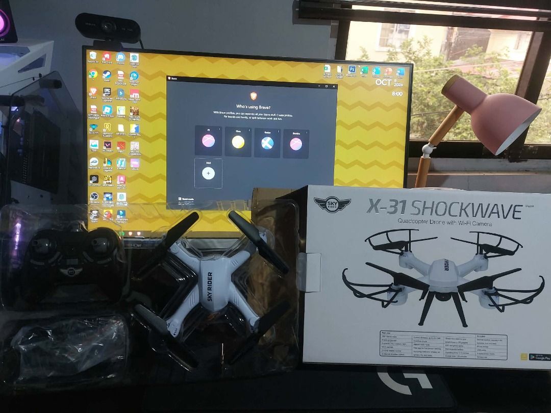 Sky Rider X-31 Shockwave Quadcopter Drone (Category: Drones) located in Caloocan City. Submitted by shinkiro1218 (Listing ID 1466564493, Image 2). Description: - Model: Sky Rider X-31 Shockwave quadcopter drone - Features: Built-in Wi-Fi camera for aerial viewing - Design: White body with black blades and protective guards - Condition: Brand new, unopened plastic packaging inside original box - Includes: Remote controller and all original accesso