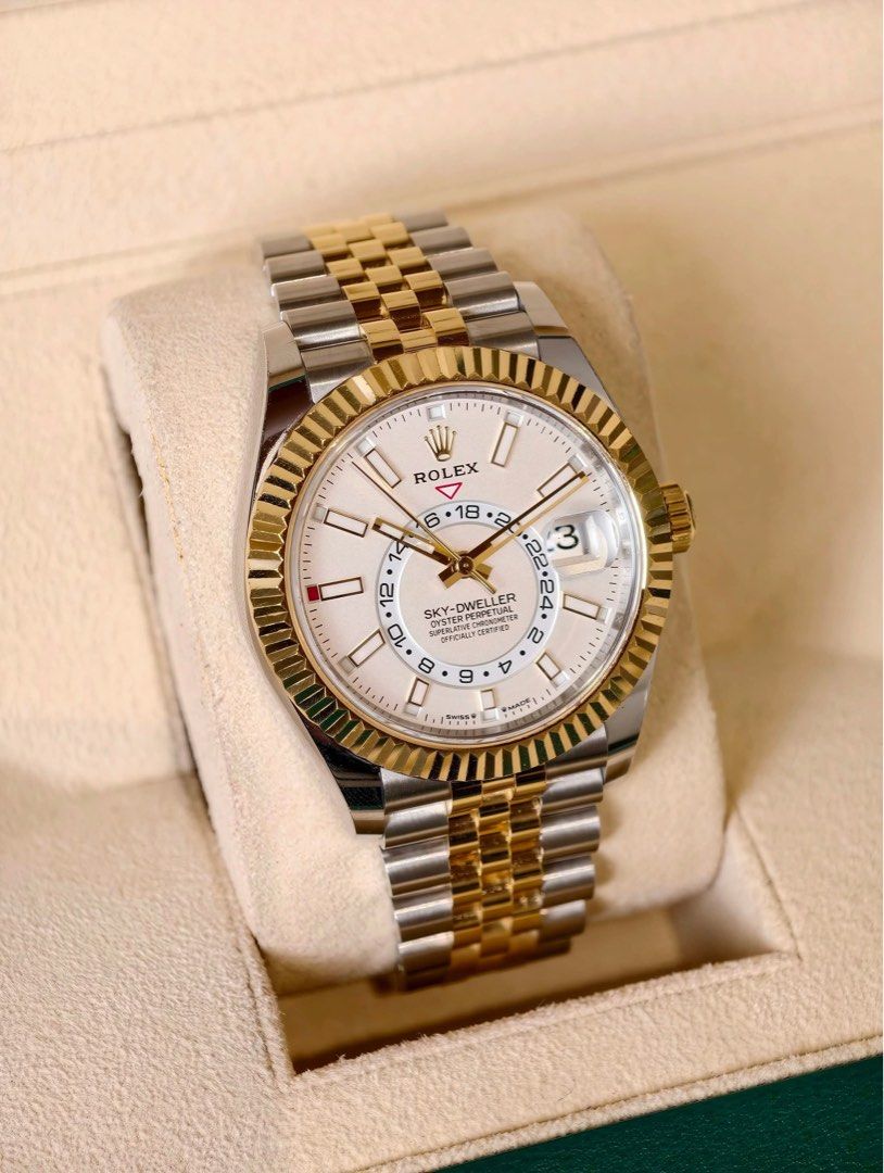 Skydweller White Dial TT YG (Category: Men's Watches) located in Makati City. Submitted by swissperpetual (Listing ID 1466591982, Image 2). Description: Rolex Oyster Perpetual Skydweller White Dial Two Tone Yellow Gold Fluted Jubilee 42mm 336933 2019 Complete Set Condition: 9/10 (Excellent condition) Price: P 1,358,000 Negotiable 🤝 7 Day Moneyback Guarantee 🧑‍🔧 1 Year SP Service Warranty 💱 Trades Offers and Pre-orders Accepted 💳 Credit Card 