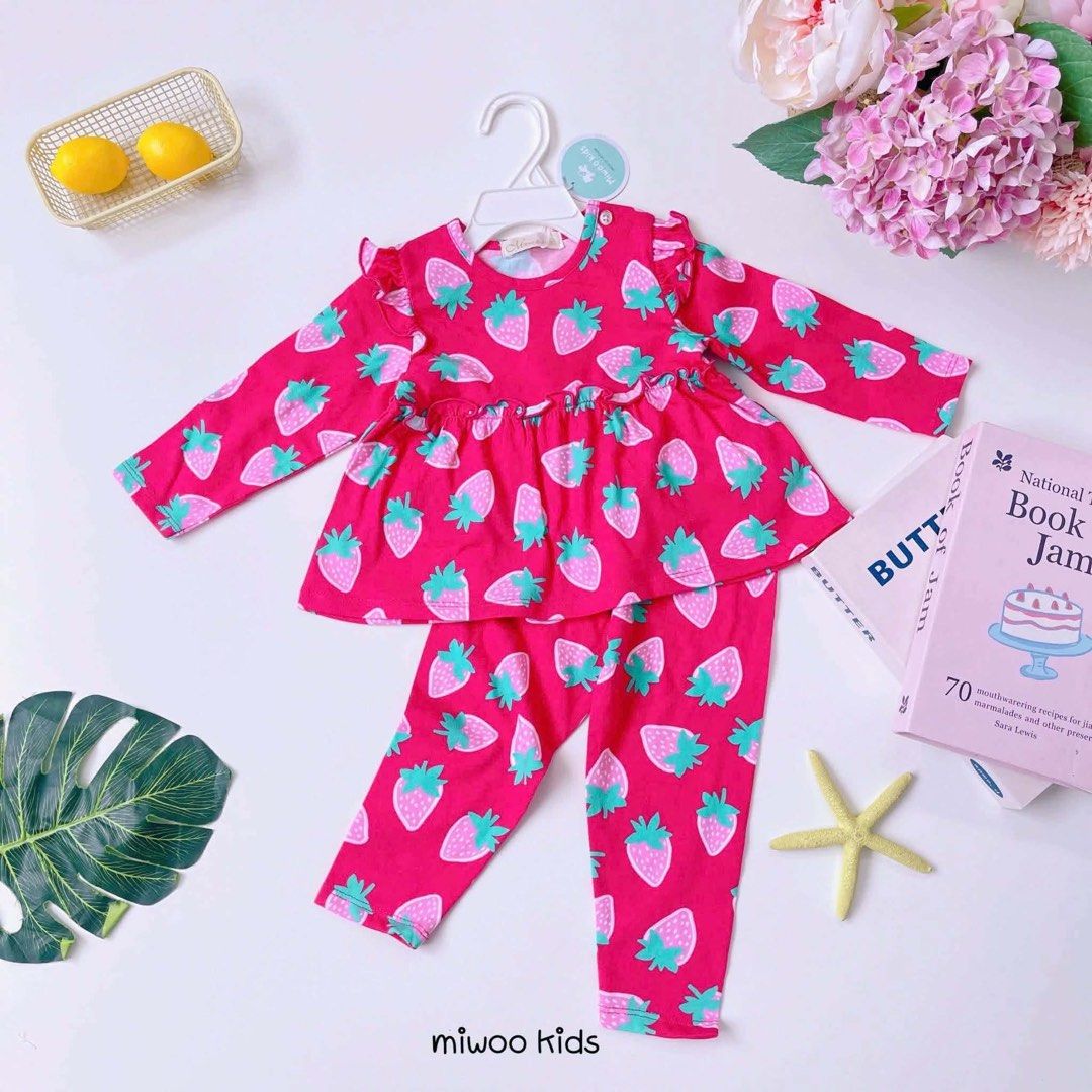 Sleepwear’s set (Category: Babies & Kids Fashion) located in Manila. Submitted by rosalyncar33942 (Listing ID 1466619911, Image 3). Description: - Brand new with tags and hanger - Super soft 100% cotton material for all-day comfort - Set includes long-sleeve ruffled top and matching pants - Easy pull-on style with a comfortable round neckline - Available in adorable playful prints: Butterflies, Mickey Mouse, and Strawberries - Ideal for bedtime, 