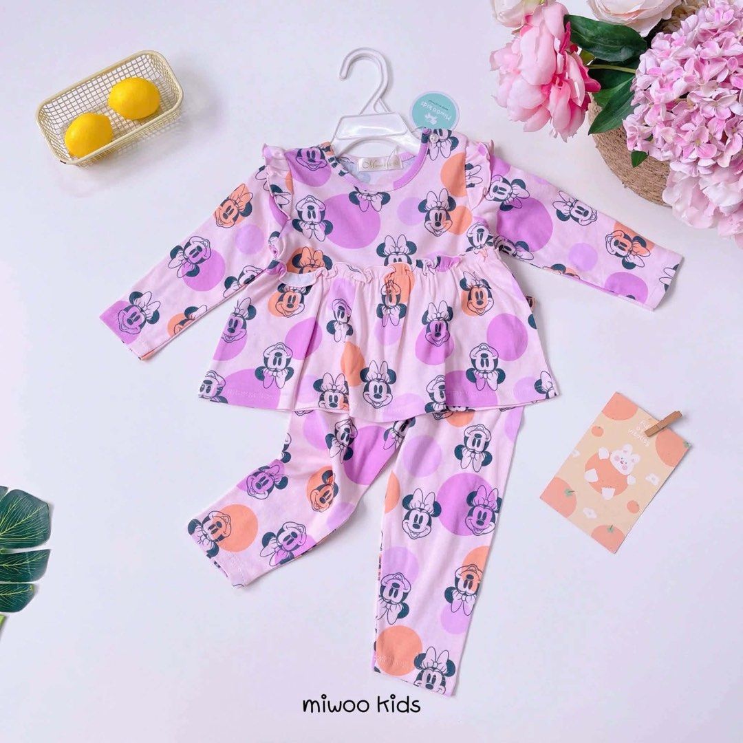 Sleepwear’s set (Category: Babies & Kids Fashion) located in Manila. Submitted by rosalyncar33942 (Listing ID 1466619911, Image 2). Description: - Brand new with tags and hanger - Super soft 100% cotton material for all-day comfort - Set includes long-sleeve ruffled top and matching pants - Easy pull-on style with a comfortable round neckline - Available in adorable playful prints: Butterflies, Mickey Mouse, and Strawberries - Ideal for bedtime, 