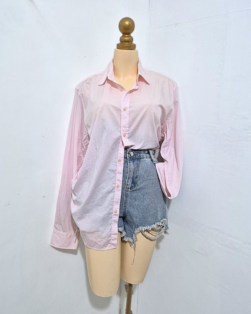 Soft Pink Oversized Button-Down Shirt | L–XL (Category: Longsleeves) located in Cabanatuan. Submitted by _erboutique (Listing ID 1466675312, Image 3). Description: • Pretty soft pink long-sleeve shirt — relaxed & comfy • Classic collar, button front, loose oversized fit • Lightweight fabric, easy to style open or tucked in • Size L–XL | Shoulder 19" | Bust 44" | Length 26" • Great condition, versatile everyday piece.