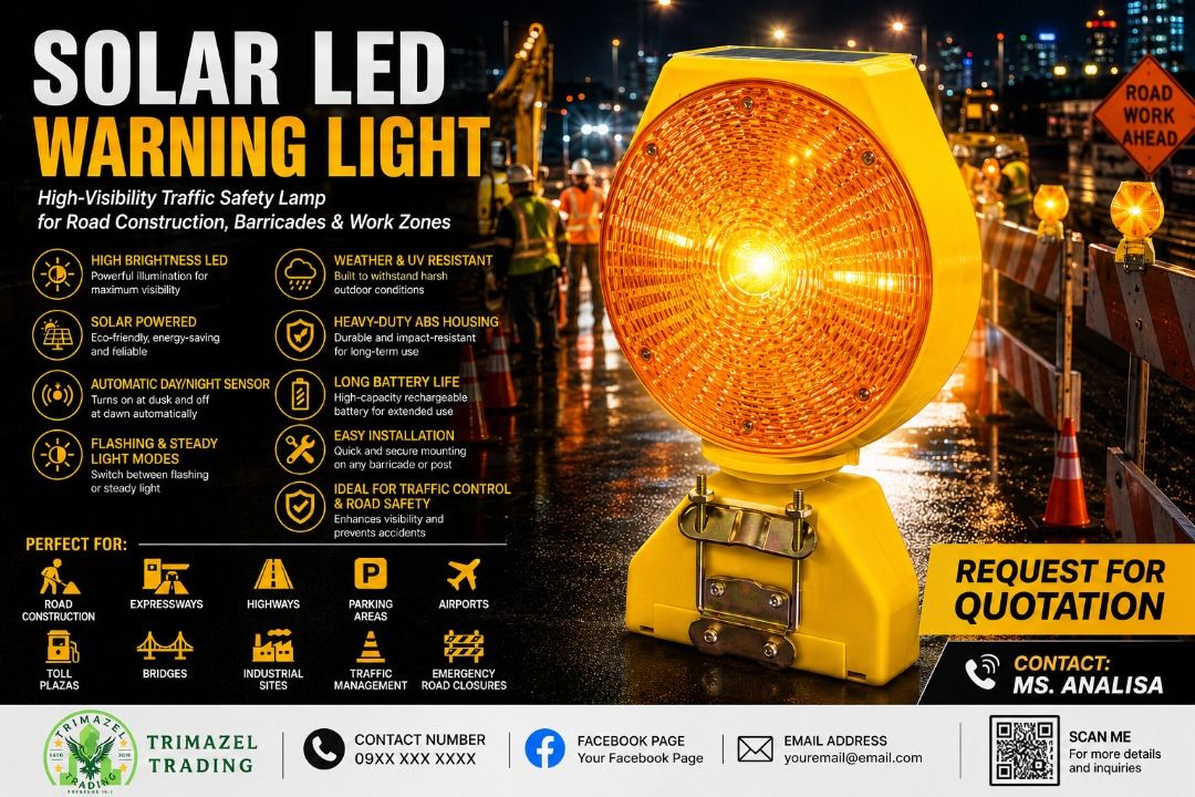 SOLAR LED WARNING LIGHT (Category: Looking For) located in Paranaque City. Submitted by buynowbilikanow (Listing ID 1466633200, Image 1). Description: ✅ Guaranteed lowest price ✅ Quality products ✅ Big discount for bulk orders ✅ 100% LEGIT TRUSTED SUPPLIER! ✅ With Complete Legal Documents ✅ BIR Registered We Supply All Kinds Of PPE Supplies, Raincoat, Hard Hat, Cooler Box, Plastic Trash Bin, Road Barriers, Kayak Boats, Crystal Kayak, Traffic Cone