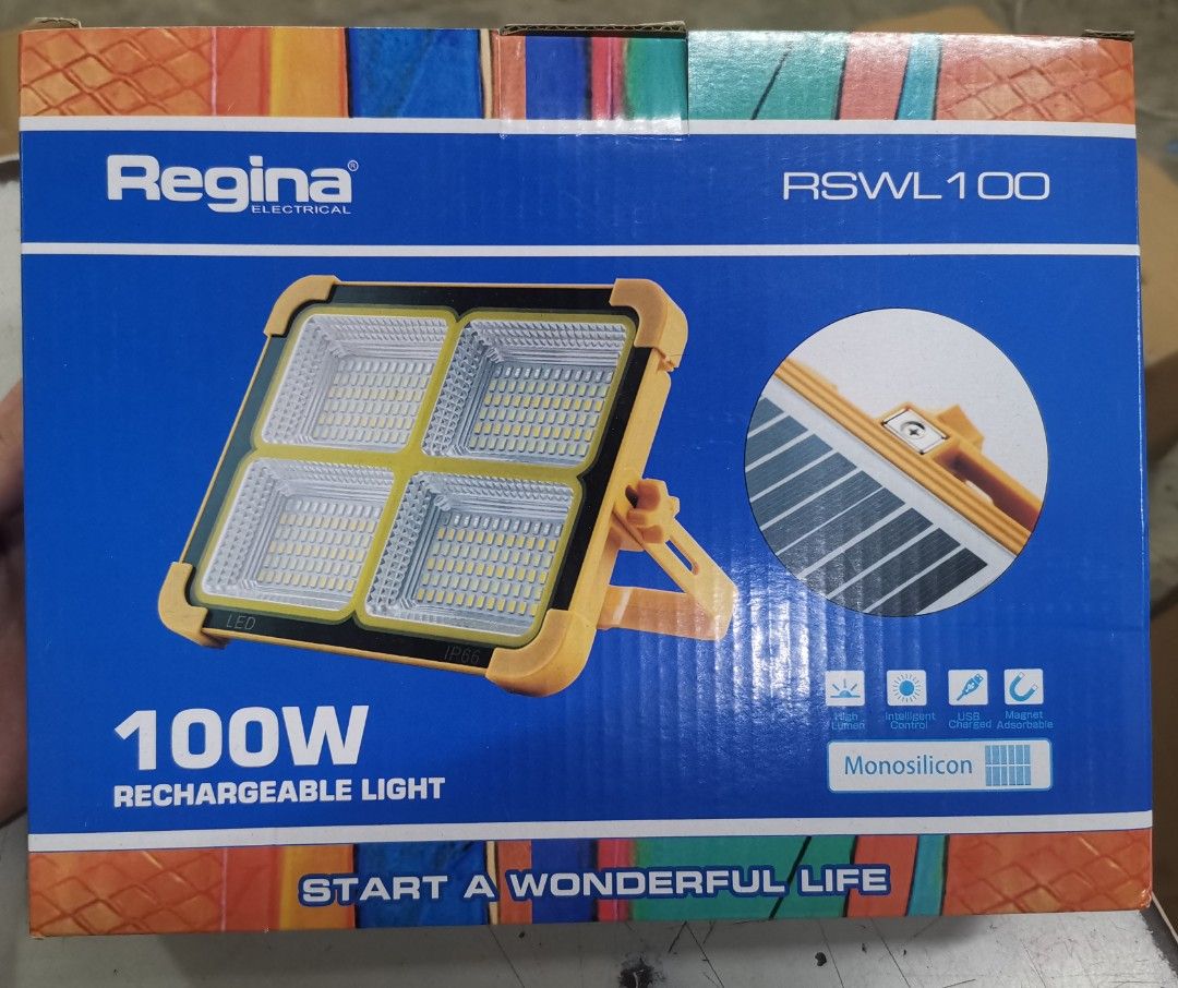 Solar Rechargeable floodlight (Category: Lighting) located in Malabon City. Submitted by mrsuabae (Listing ID 1466736319, Image 1). Description: Regina 100W Solar Rechargeable LED Floodlight Product Details: * Brand: Regina Electrical * Model: RSWL-100 * Advertised Power: 100W * Solar Rechargeable LED Floodlight * Monocrystalline Solar Panel * USB Charging Support * Intelligent Light Control * Magnetic Attachment * IP66 Weather-Resistant Rating *