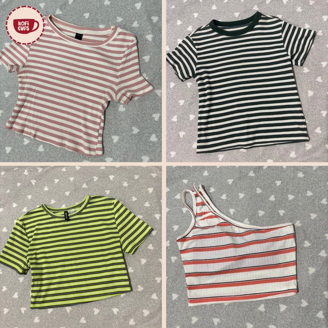 Striped Crop Top Bundle Set of 4 (Category: Shirts) located in General Trias. Submitted by dddddaph (Listing ID 1466691736, Image 1). Description: - Bundle of 4 trendy striped crop tops - Colors included: pink/white ribbed, dark green/white, neon green, and orange one-shoulder - Material: Soft and comfy ribbed fabric across all pieces - Perfect mix for casual everyday outfits - Selling as a bundle set.
