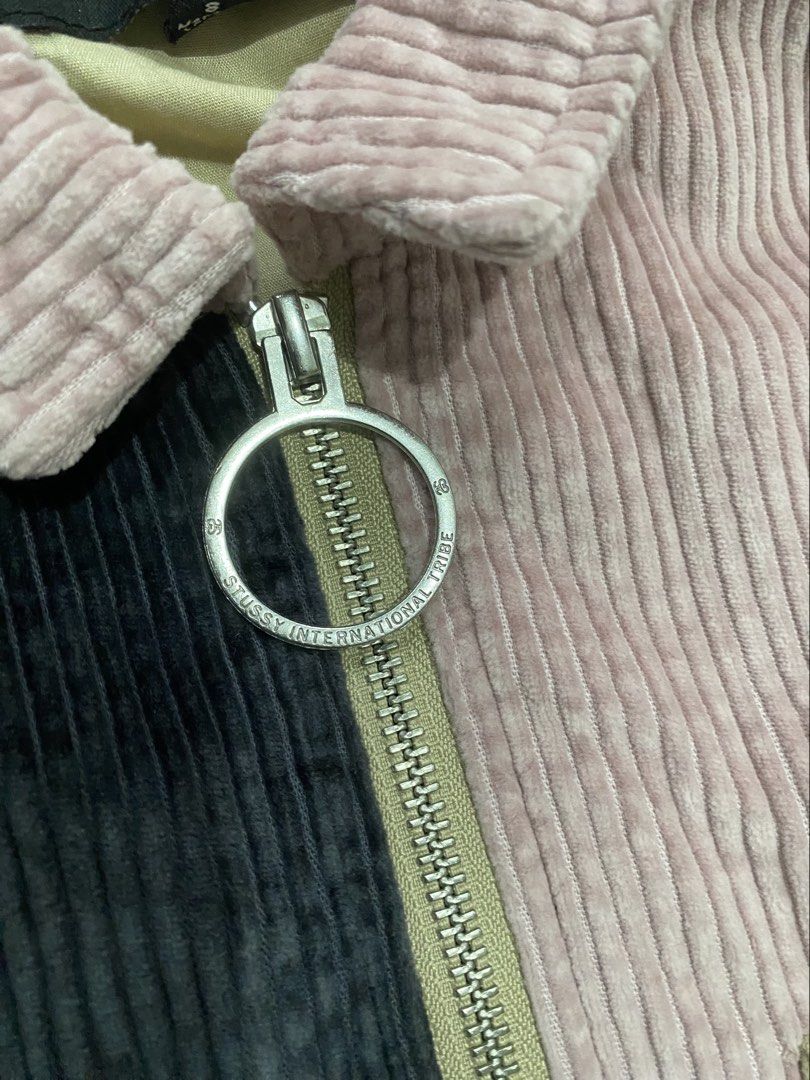 Stüssy Patchwork Corduroy Jacket Full Zip (Category: Coats, Jackets and Outerwear) located in Antipolo. Submitted by switchneighborhood (Listing ID 1466621601, Image 3). Description: - Brand: Stüssy - Style: Patchwork corduroy jacket in muted earth tones and pink - Closure: Full zip with custom 'Stüssy International Tribe' ring pull - Pockets: Two front chest pockets with button flaps and embroidered logo on the left - Details: Classic collar, ri