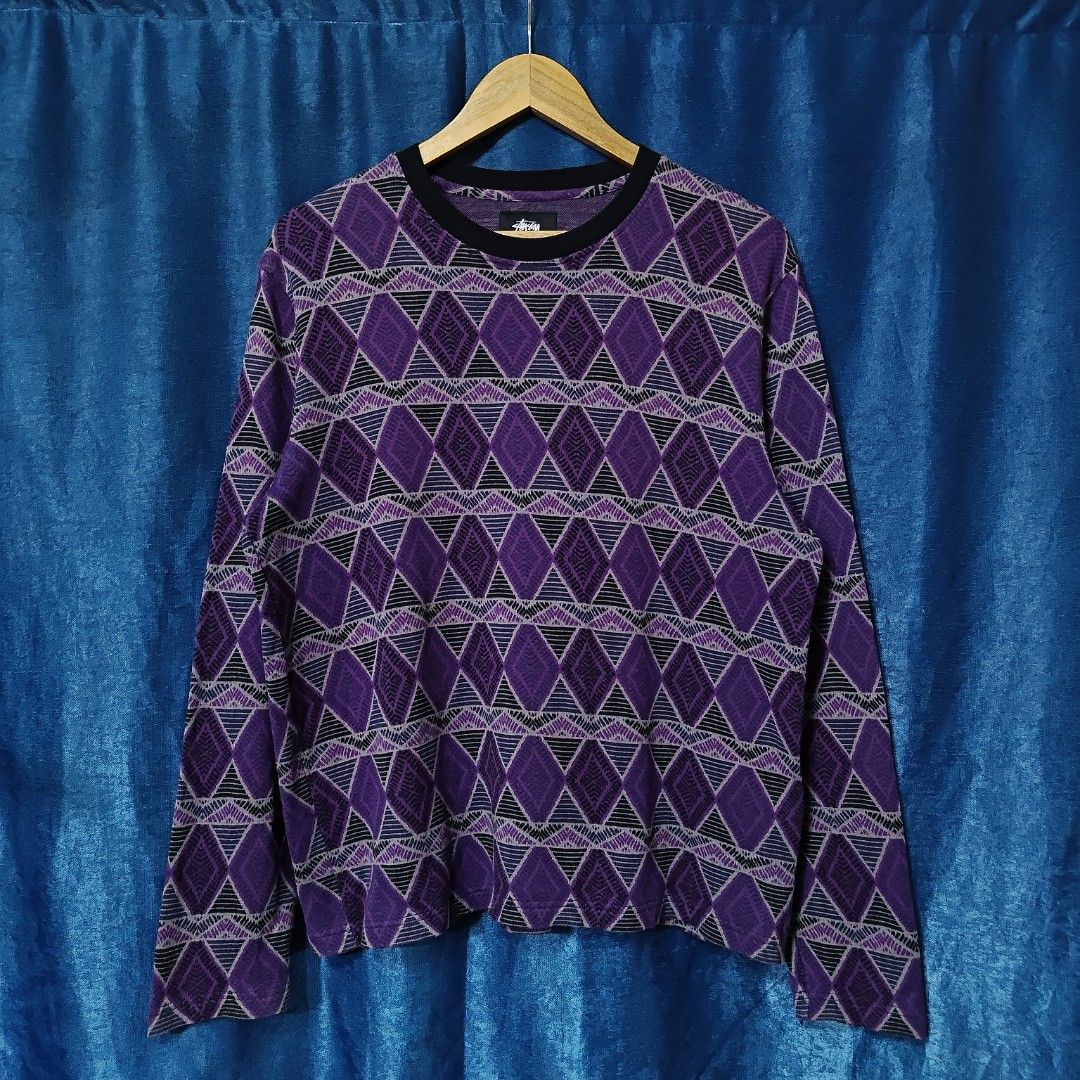STUSSY AZTEC PATTERN CREWNECK (Category: Coats, Jackets and Outerwear) located in Makati City. Submitted by upcycled.closeth (Listing ID 1466615551, Image 1). Description: - Authentic Stussy product - Black & purple / long sleeve - Size: medium to semi large (men's) - Like new - Authentic - flaws: no flaws - Excellent condition - Need wash, fresh from bale - Features design of Stussy Aztec patten - Material: 100% cotton !!STILL NEGOTIABLE!!.