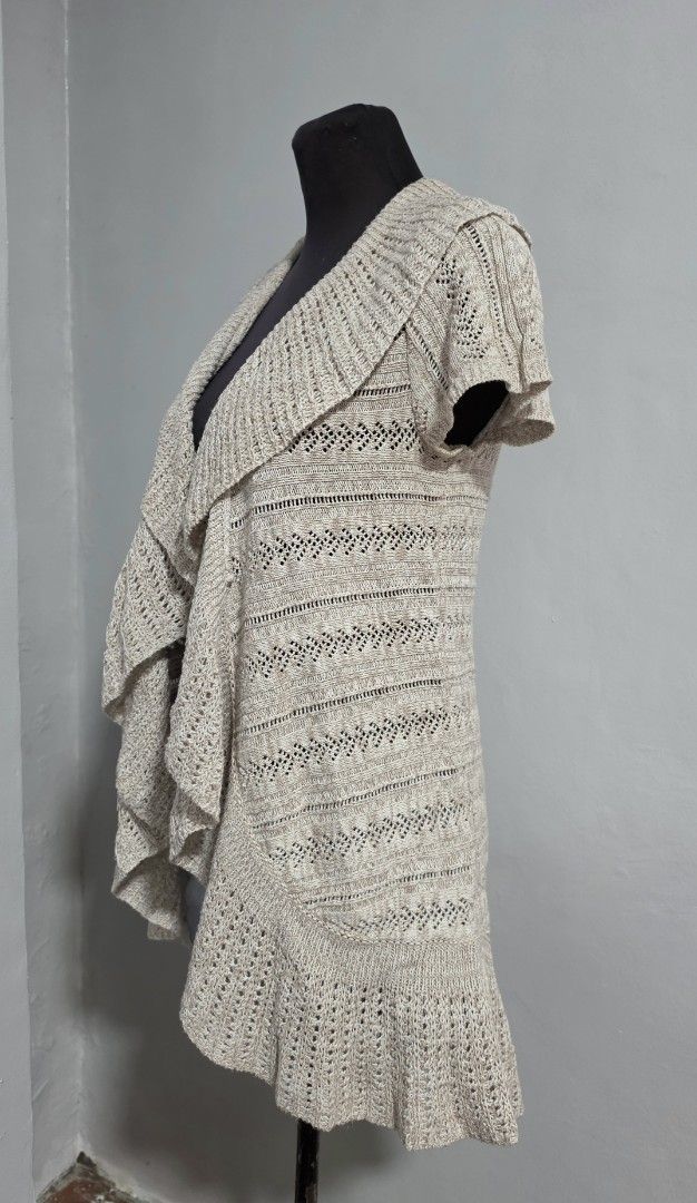 Style & Co. Beige Open Front Knit Cardigan Size S (Category: Coats, Jackets and Outerwear) located in Paranaque City. Submitted by franinnashop (Listing ID 1466612981, Image 2). Description: DECLUTTER SMALL PARANAQUE CITY - Brand: Style & Co. - Size: S - Color: Beige and tan - Material: 62% cotton, 38% acrylic - Design: Open front, short sleeves, ruffled drape collar, flared hem, textured knit pattern - Condition/Style: Comfortable layering piece