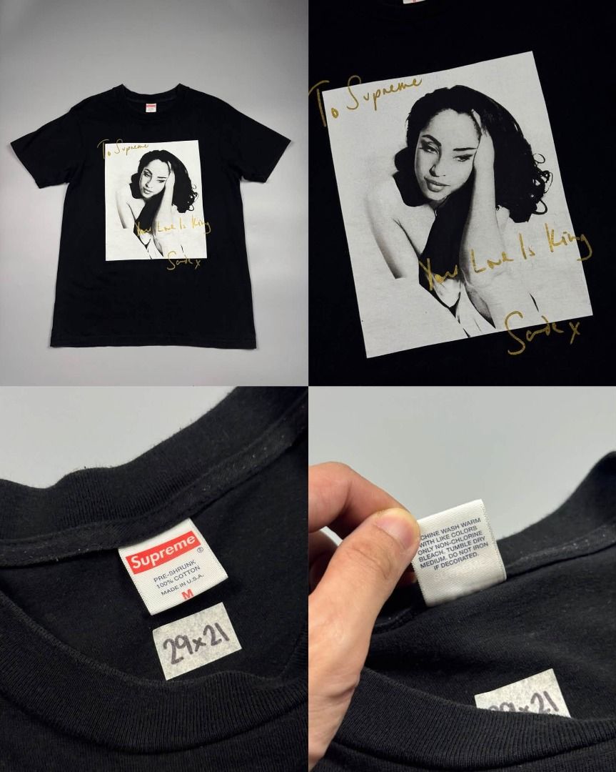 Supreme Sade Photo Tee Black Size M (Category: Tshirts & Polo Shirts ) located in Baguio. Submitted by stockedclothing047 (Listing ID 1466575738, Image 1). Description: SUPREME TEE (VERY GOOD CONDITION) SIZE: MEDIUM (29L X 21W) NOTE* MINIMAL CRACK ON PRINT, , UKAY SOURCED VERY NICE QUALITY - Brand: Supreme - Item: Sade Photo Graphic T-Shirt - Color: Classic Black - Size: Medium (tag present on collar) - Features: Iconic Sade portrait with gold ha