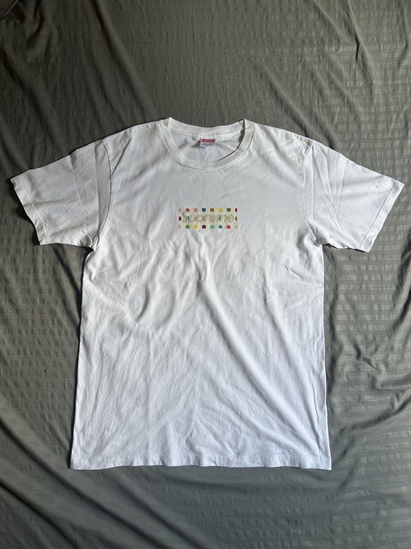 Supreme White Polka Dot Box Logo T-Shirt Medium (Category: Tshirts & Polo Shirts ) located in Quezon City. Submitted by stre3tw3ar (Listing ID 1466625262, Image 1). Description: - Brand: Supreme - Style: Polka Dot Box Logo with 'Life's a Bitch Then You DIE!' back print - Color: White - Size: Medium - Material: 100% cotton, Made in U.S.A. - Condition: Brand new with tags attached inside collar and lower interior seam -18/27 Dimention.