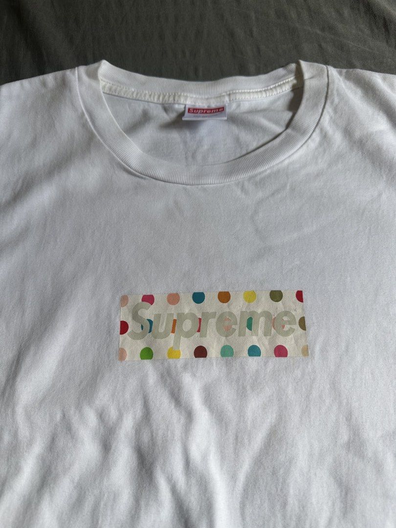 Supreme White Polka Dot Box Logo T-Shirt Medium (Category: Tshirts & Polo Shirts ) located in Quezon City. Submitted by stre3tw3ar (Listing ID 1466625262, Image 3). Description: - Brand: Supreme - Style: Polka Dot Box Logo with 'Life's a Bitch Then You DIE!' back print - Color: White - Size: Medium - Material: 100% cotton, Made in U.S.A. - Condition: Brand new with tags attached inside collar and lower interior seam -18/27 Dimention.