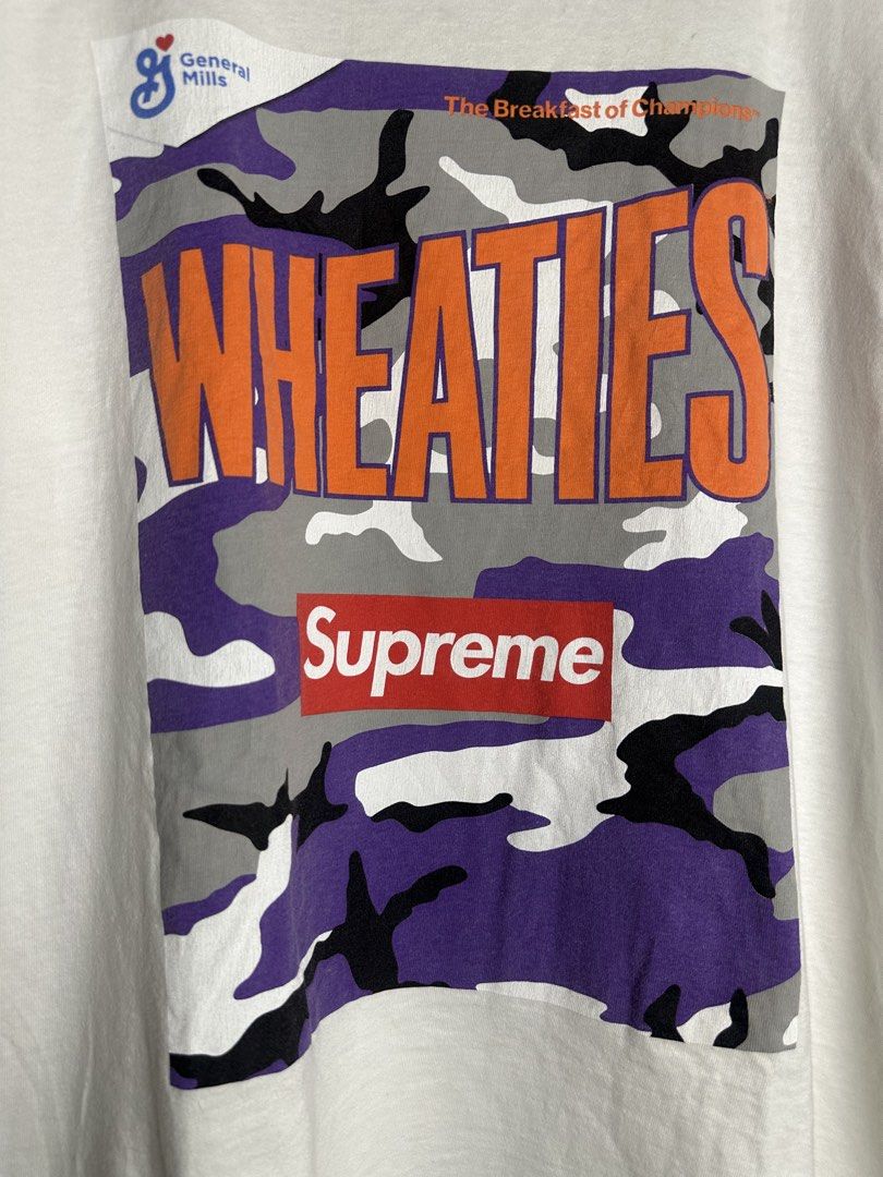 Supreme x Wheaties Tee (Category: Tshirts & Polo Shirts ) located in Marikina City. Submitted by swiftsian (Listing ID 1466663914, Image 2). Description: Supreme x Wheaties Tee 'White' - Size: Medium - Issue: Hairlines - Manage your expectations. Some issues may not be seen or indicated. - Color may vary due to lighting Shipping: Lalamove/J&T .