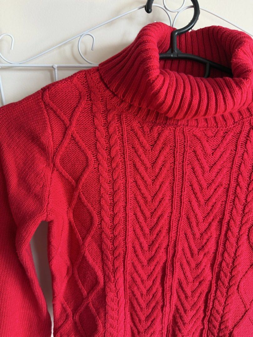Tahari Red Turtleneck Cable Knit Sweater Size S (Category: Babies & Kids Fashion) located in Quezon City. Submitted by bubspreloved (Listing ID 1466770952, Image 2). Description: - Brand/Style: Bright red Tahari turtleneck sweater - Size: US S (5/6) - Design: Chunky cable knit on front and sleeves, smooth knit on back - Details: Rolled collar and ribbed hem - Condition/Origin: Made in China - Styling: Perfect cozy winter piece, easily pairs with 