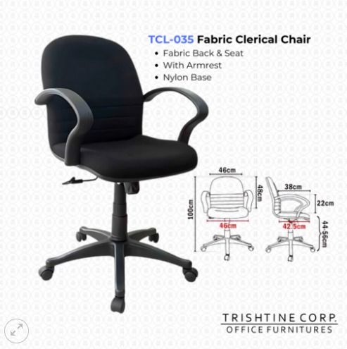TCL-035 | Clerical Chair (Category: Office Furniture & Fixtures) located in Caloocan City. Submitted by jim.trishtineofficefurnitures (Listing ID 1466618836, Image 1). Description: - Model: Trishtine Corp TCL-035 Fabric Clerical Chair - Color: Classic Black - Material: Comfortable fabric upholstery with a durable nylon base - Adjustability: Height-adjustable from 44cm to 56cm (Total height: 100cm) - Dimensions: Seat width 46cm, backrest height 48