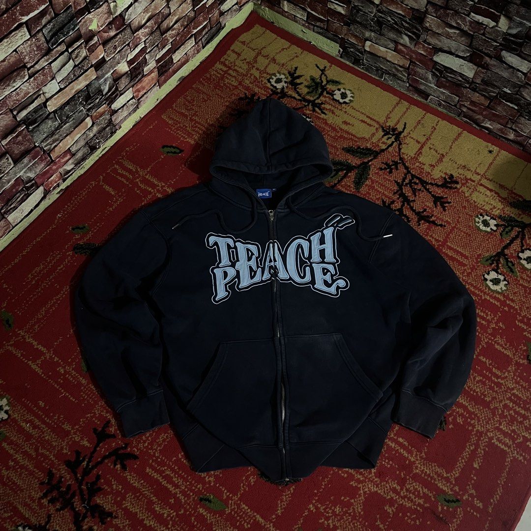 TEACHPEACE Y2K HOODIE (Category: Coats, Jackets and Outerwear) located in Muntinlupa City. Submitted by thuggin.shawn (Listing ID 1466683465, Image 1). Description: TEACHPEACE ZIP UP W 24 / L 28 🏷️1,199 -GREAT EMBROIDERY -COLOR RATE 8.5/10.