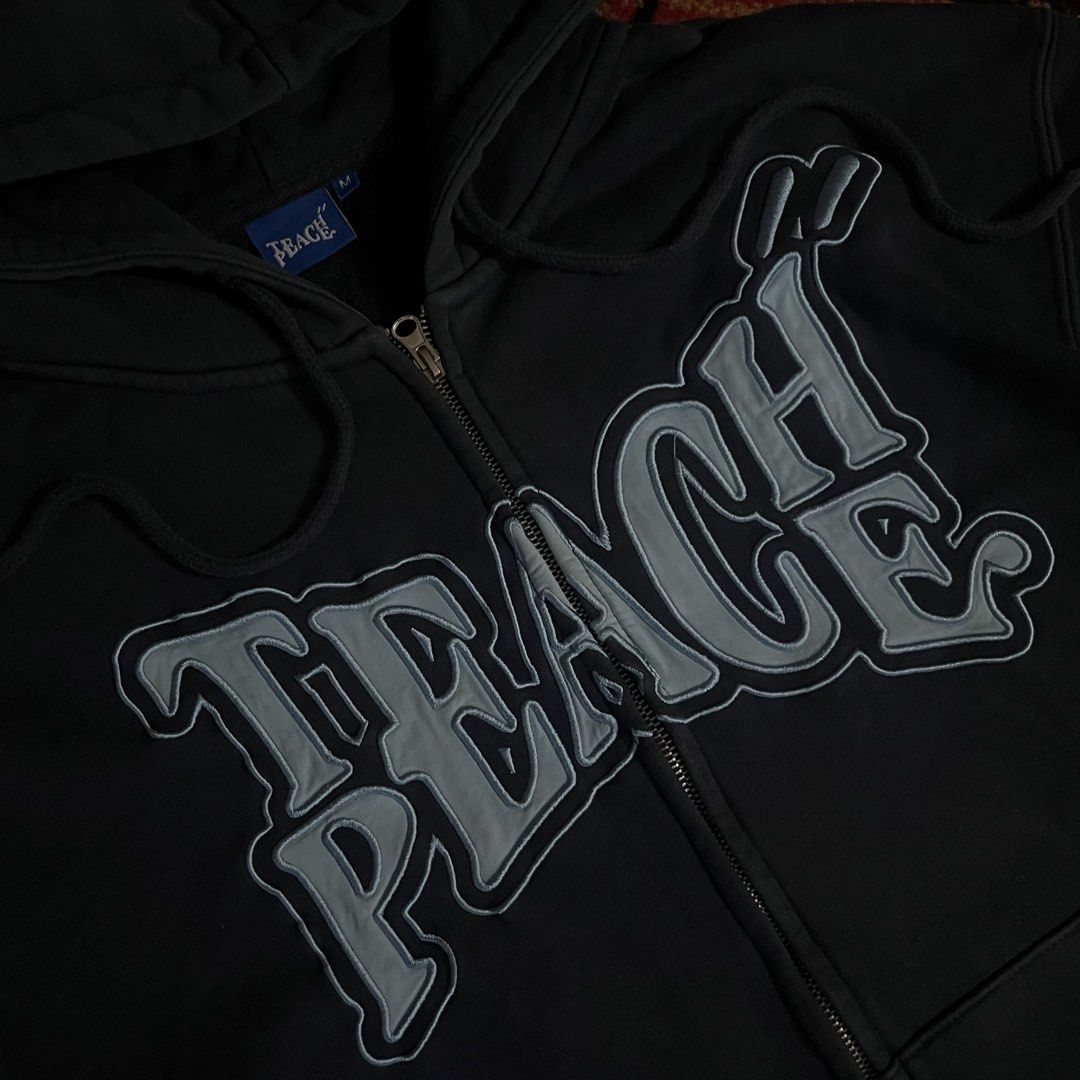 TEACHPEACE Y2K HOODIE (Category: Coats, Jackets and Outerwear) located in Muntinlupa City. Submitted by thuggin.shawn (Listing ID 1466683465, Image 2). Description: TEACHPEACE ZIP UP W 24 / L 28 🏷️1,199 -GREAT EMBROIDERY -COLOR RATE 8.5/10.