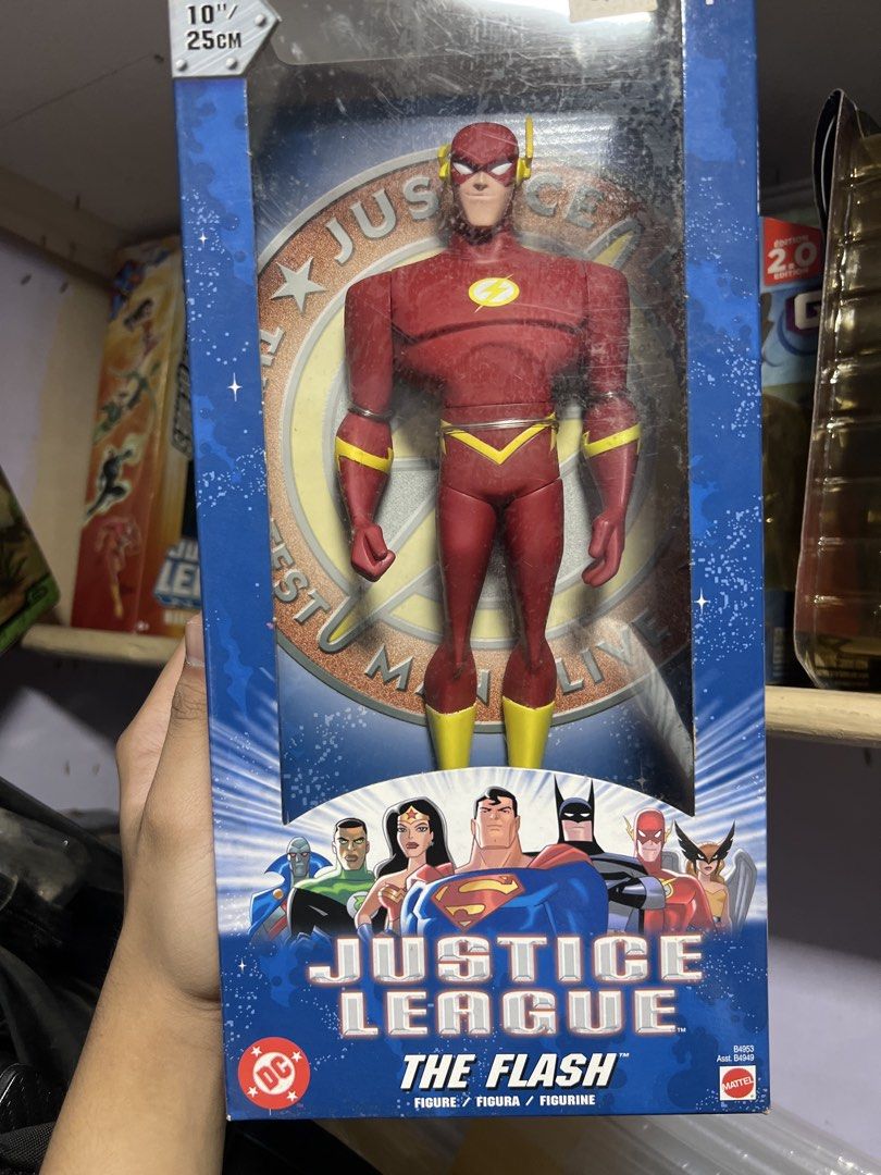 The Flash — Mattel Justice League 10” Action Figure (Category: Figurines & Statues) located in Quezon City. Submitted by thegroovearchive (Listing ID 1466678043, Image 1). Description: - Brand: Mattel - Character: The Flash (Justice League) - Height: 10 inches - Packaging: Original box included - Box Art: Features classic animated series style with Superman, Batman, and Green Lantern on the back - Condition: Brand new/Mint in box (as applicable).