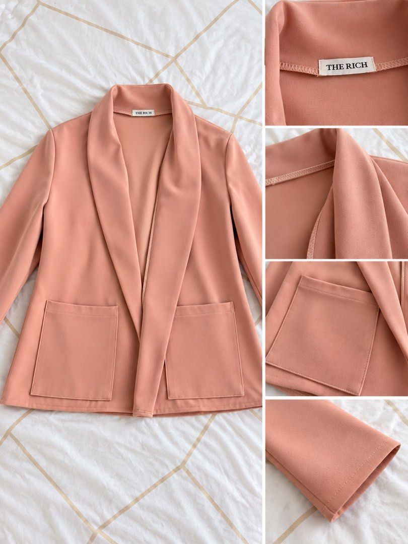 THE RICH Pink Open Front Blazer (Category: Coats, Jackets and Outerwear) located in Manila. Submitted by attymariel (Listing ID 1466672412, Image 1). Description: - Brand: THE RICH - Color: Pink - Design: Open front with a stylish shawl collar - Features: Long sleeves and two front patch pockets - Fabric: Smooth finish with clean stitching details - Versatility: Great layering piece for office wear or casual days - Fit: Standard women's sizing.