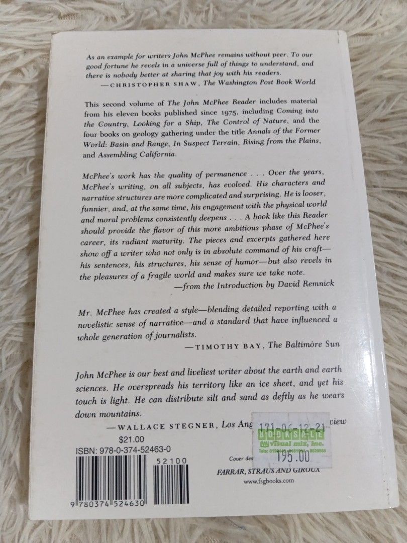 The Second John McPhee Reader paperback book (Category: Storybooks) located in Cavite. Submitted by nathstelein_finds (Listing ID 1466680783, Image 2). Description: - Title: The Second John McPhee Reader - Format: Paperback - Publisher: Farrar, Straus and Giroux - ISBN: 978-0-374-52463-0 - Condition: Readable copy with pages intact, slight mark on bottom page edges, and a bookstore sticker on the back cover - Perfect for: Literature and journalis