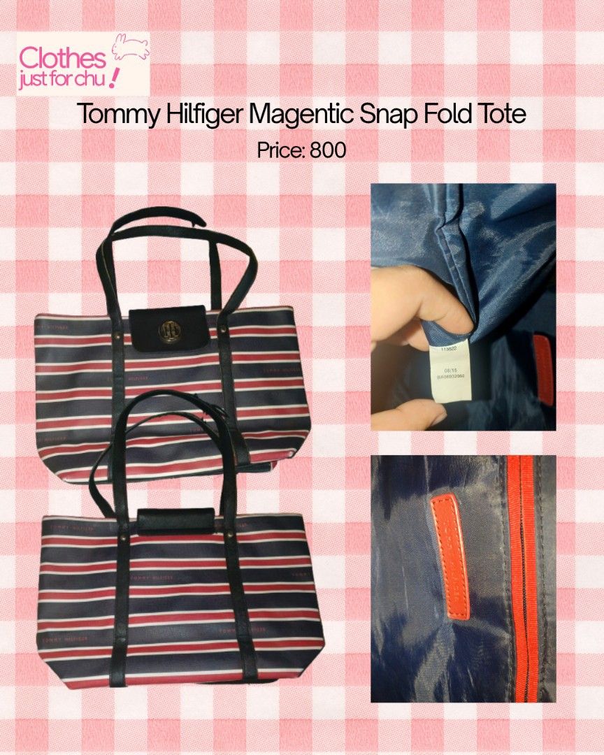 Tommy Hilfiger Magnetic Snap Fold Tote (Category: Tote Bags) located in Pasay City. Submitted by clothesforchuu (Listing ID 1466609294, Image 1). Description: - Brand: Tommy Hilfiger - Design: Classic navy, red, and white stripe pattern with dark straps and gold-tone hardware - Closure: Secure magnetic snap - Interior: Spacious main compartment with blue lining and a zippered pocket with brand tag detail - Versatility: Foldable design, ideal for 