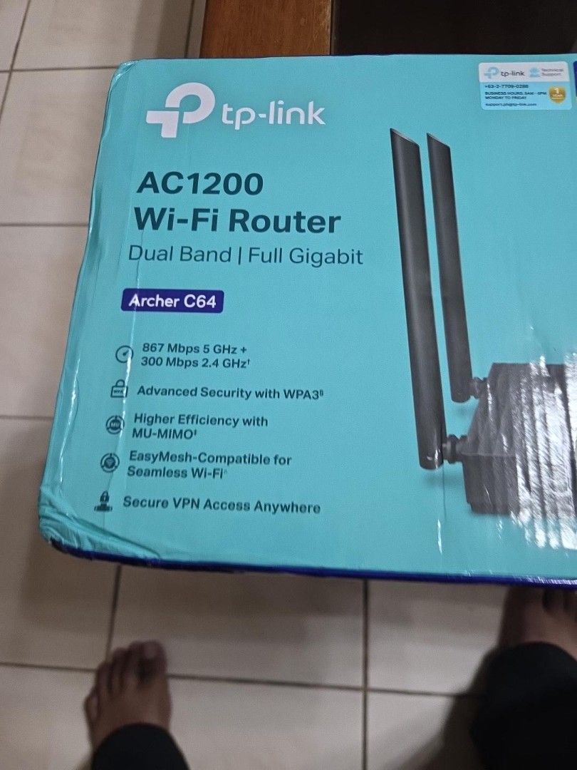TP-Link AC1200 Wi-Fi Router Archer C64 (Category: Networking) located in Caloocan City. Submitted by jtech_05 (Listing ID 1466726804, Image 1). Description: - Brand: TP-Link Archer C64 AC1200 Wi-Fi Router - Condition: Brand new, unopened box, zero issues - Speed: Dual-band (867 Mbps on 5 GHz + 300 Mbps on 2.4 GHz) - Ports: Full Gigabit support for fast wired connections - Features: MU-MIMO, WPA3 security, EasyMesh compatible, and secure VPN acces