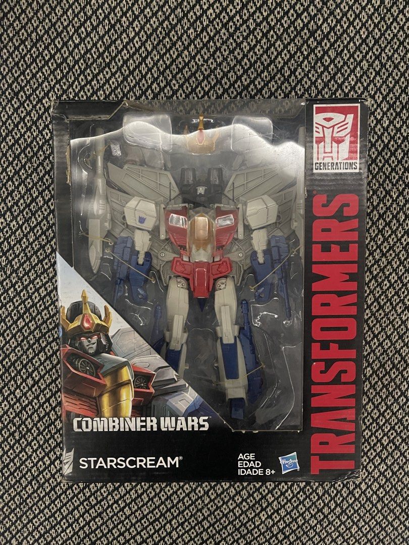 Transformers Generations Combiner Wars Starscream Action Figure (Category: Action & Battle Toys) located in Las Pinas. Submitted by jobart067 (Listing ID 1466725689, Image 1). Description: - Classic G1 Seeker jet design with robot and combiner torso modes - Includes original blaster accessories - Figure is brand new, untouched, and securely tied in original packaging.