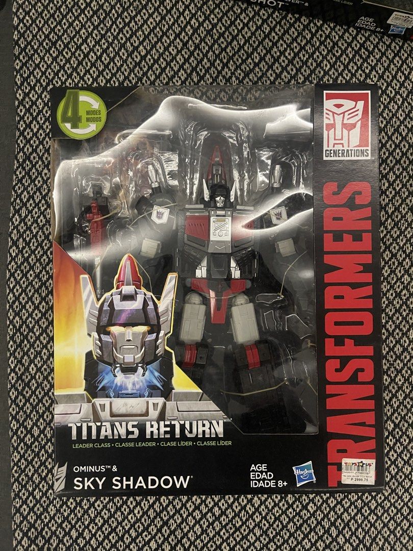 Transformers Titans Return Leader Class Ominus and Sky Shadow (Category: Action & Battle Toys) located in Las Pinas. Submitted by jobart067 (Listing ID 1466725458, Image 1). Description: - Ominus and Sky Shadow figures Leader Class scale - Condition: Brand new, factory-sealed in original box with clear plastic window.