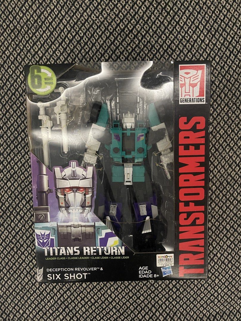 Transformers Titans Return Leader Class Six Shot Action Figure (Category: Action & Battle Toys) located in Las Pinas. Submitted by jobart067 (Listing ID 1466725552, Image 1). Description: - Item: Transformers Titans Return Decepticon Revolver & Sixshot - Class: Leader Class - Condition: Brand new, unopened, and in pristine store display condition - Feature: Converts into 6 different modes - Packaging: Original box is intact and included.