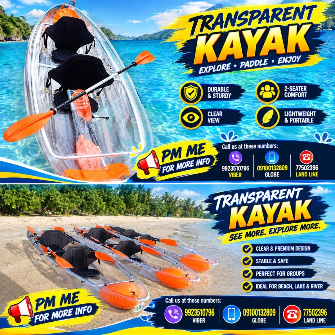 TRASPARENT KAYAK (Category: Looking For) located in Paranaque City. Submitted by buynowbilikanow (Listing ID 1466565619, Image 1). Description: ✅ Guaranteed lowest price ✅ Quality products ✅ Big discount for bulk orders ✅ 100% LEGIT TRUSTED SUPPLIER! ✅ With Complete Legal Documents ✅ BIR Registered We Supply All Kinds Of PPE Supplies, Raincoat, Hard Hat, Cooler Box, Plastic Trash Bin, Road Barriers, Kayak Boats, Crystal Kayak, Traffic Cone, T-Bol