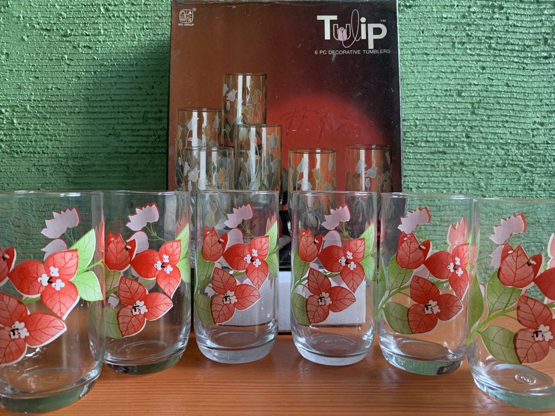 Tulip 6-Pc Decorative Glassware Set (Category: Dinnerware & Cutlery) located in Antipolo. Submitted by rex.dn (Listing ID 1466674559, Image 1). Description: Tulip 6-piece decorative glass tumbler set. RFS: Decluttering • Complete 6 pcs • Never used • Made in Indonesia • No chips/cracks/damage observed • Decorative floral design • Original Tulip box included.