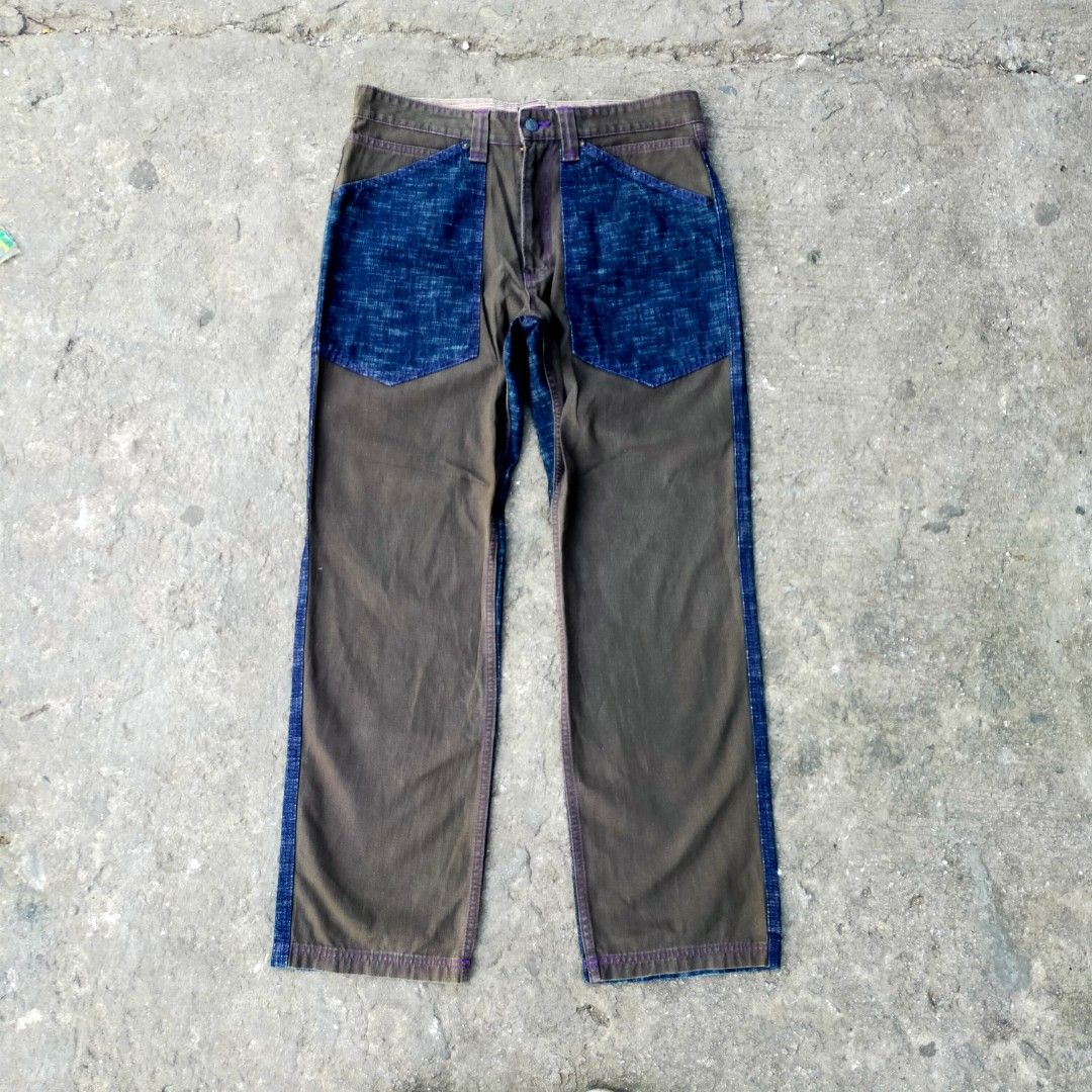 UNION MADE (SACRIFICE) WORKMAN SHIP BAKER PANTS (Category: Activewear) located in Zamboanga. Submitted by _oliverbmth (Listing ID 1466623260, Image 1). Description: - Style: Unique two-tone color block streetwear pants - Material Mix: Textured blue denim and brown fabric panels - Fit: Adjustable back cinch buckle at the waist - Details: Contrast purple stitching and distinct pocket flaps - Closure: Button fly - Condition: Great unique piece to el